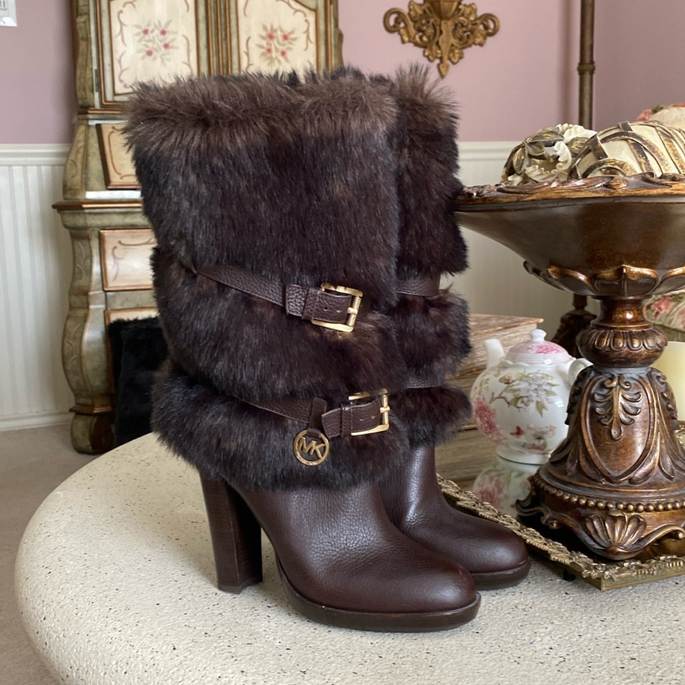 Michael Kors Brown Fur Leather Boots Heels 8